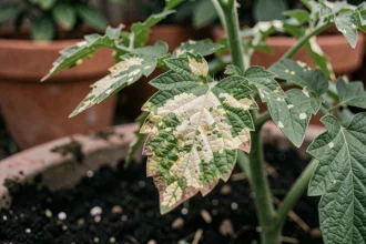 Feuilles de tomate blanchissantes avec taches chlorotiques visibles en gros plan, dans un potager extérieur