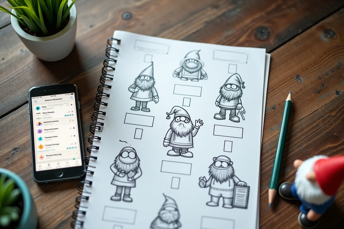 Vue de dessus d'une feuille de doodle de nain de jardin dessinée à la main, un smartphone avec une appli et une figurine céramique sur un bureau en bois rustique