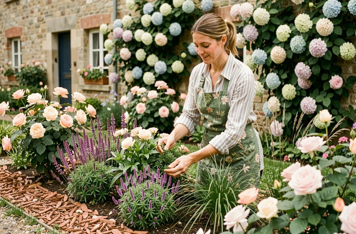 Jardinière de Flore et Jardins composant un massif de plantes vivaces dans un jardin du Pas-de-Calais