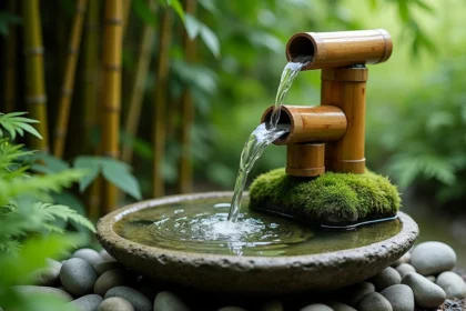Fontaine en bambou avec pompe solaire dans un jardin zen japonais, eau en cascade sur des tubes de bambou vers un bassin en pierre moussu
