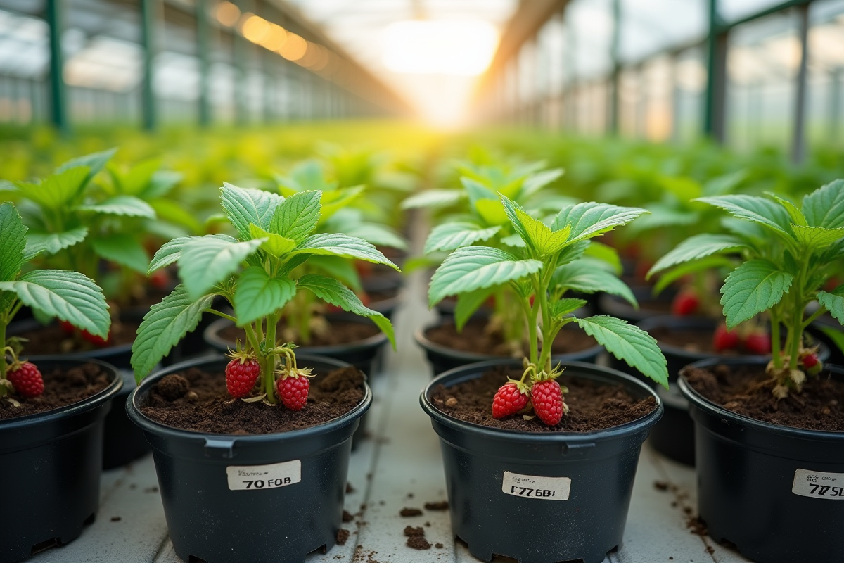 Jeunes framboises en pots dans une serre lumineuse