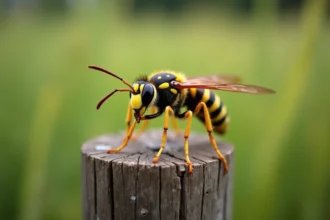 Gros plan macro d'un frelon asiatique (Vespa velutina) posé sur un piquet de bois, montrant ses pattes jaunes et son abdomen sombre avec une netteté exceptionnelle
