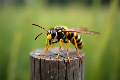 Gros plan macro d'un frelon asiatique (Vespa velutina) posé sur un piquet de bois, montrant ses pattes jaunes et son abdomen sombre avec une netteté exceptionnelle
