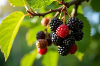 Grappes de mûres mûres sur un mûrier platane aux grandes feuilles lobées vertes dans un jardin estival