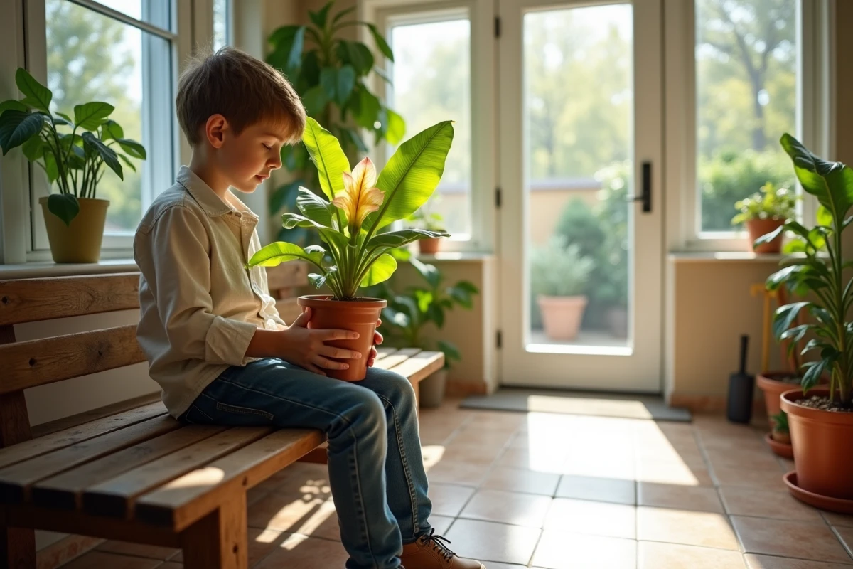 Garçon tenant un bananier en fleurs dans une véranda lumineuse