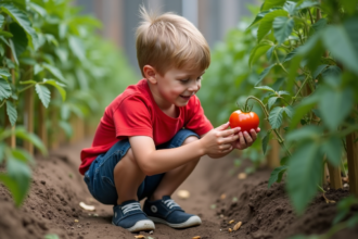 Jeune garçon examine une tomate dans un jardin verdoyant