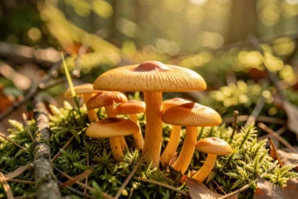 Girolles dorées poussant sur la mousse d'un sous-bois en été