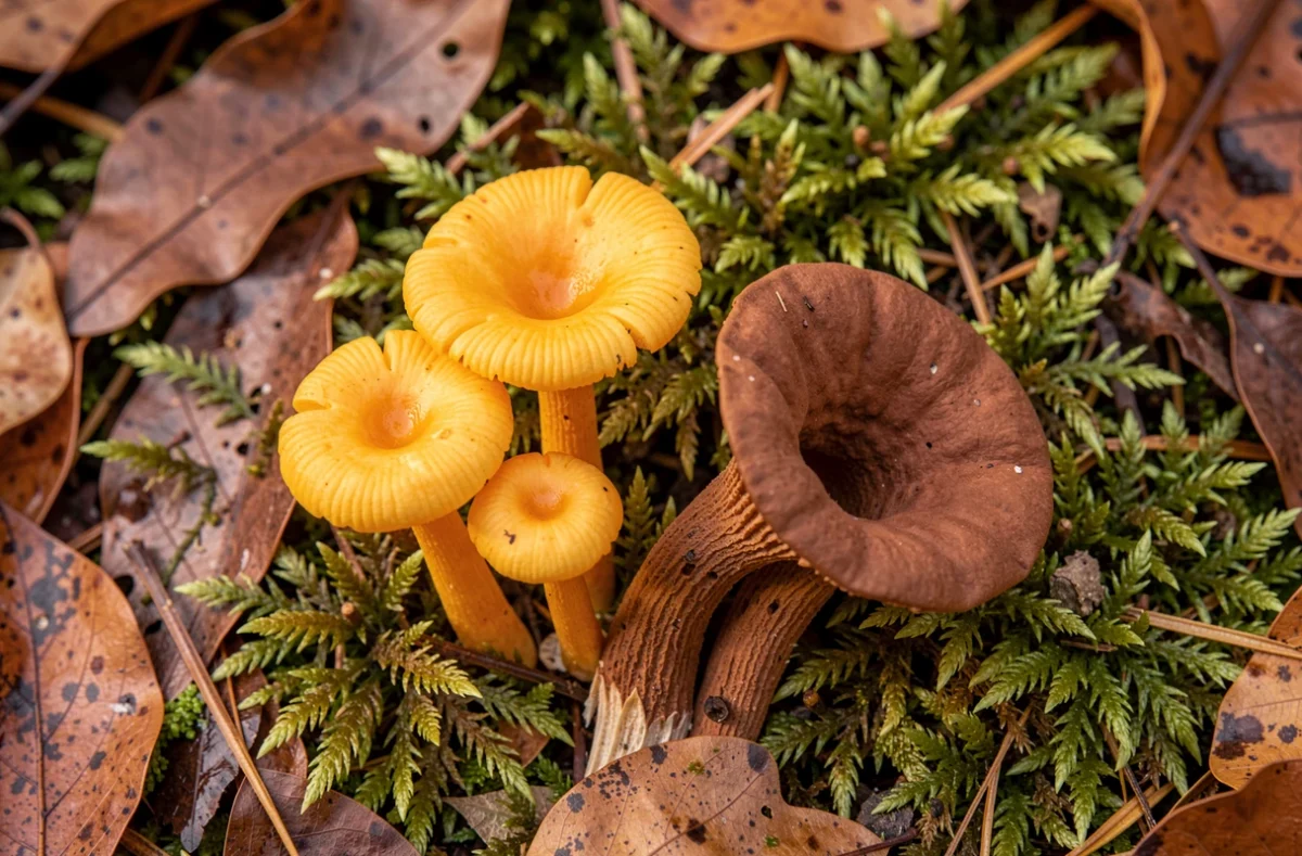 Girolles et chanterelles en tube côte à côte sur la mousse