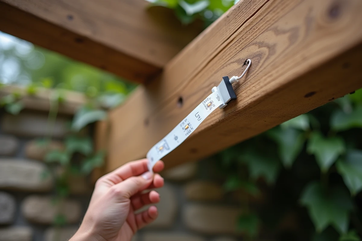 Gros plan sur une bande LED solaire avec panneau photovoltaïque fixée sous une pergola de jardin