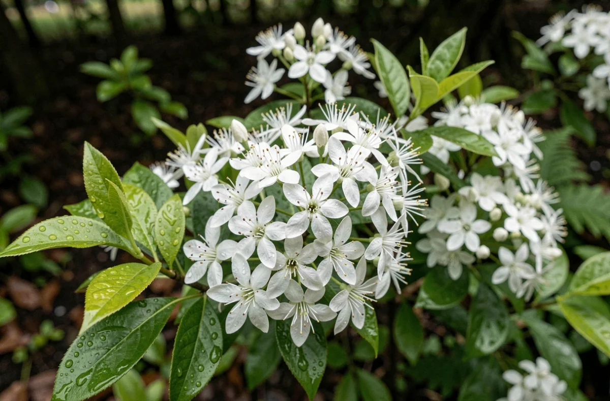 Gros plan sur des fleurs blanches en panicules d'un arbuste printanier dans un sous-bois ombragé avec rosée matinale