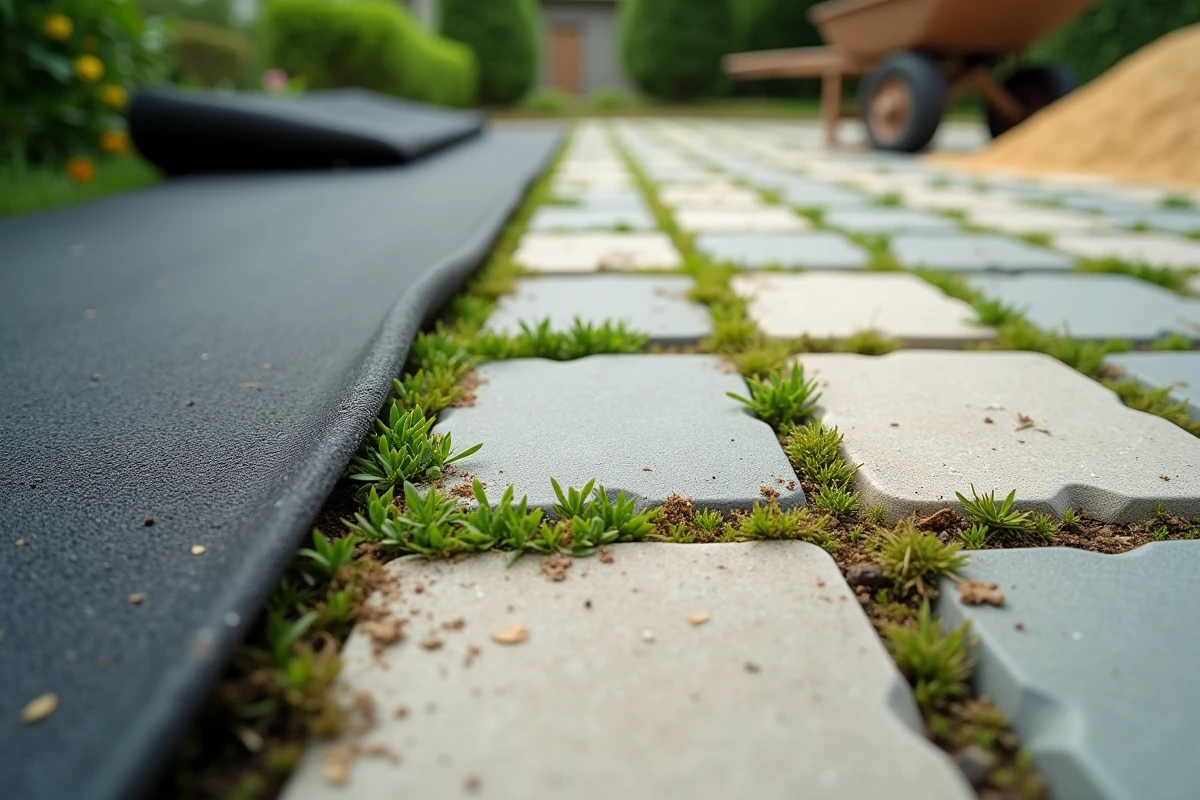 Gros plan joint de pavé autobloquant avec mauvaises herbes avant pose de géotextile