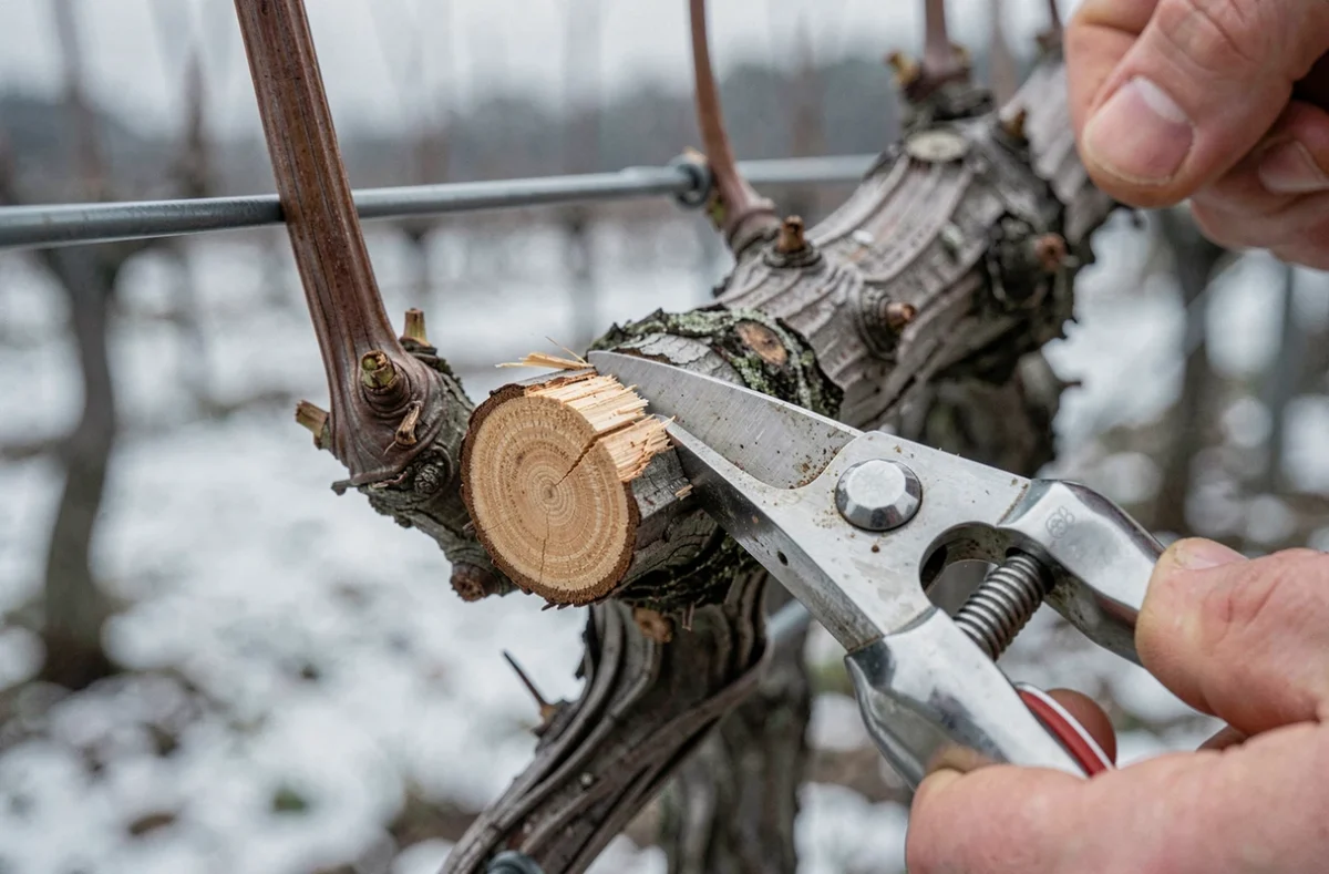 Gros plan sur la taille d'un sarment de vigne en méthode Sylvoz avec sécateur professionnel, révélant les bourgeons dormants en hiver