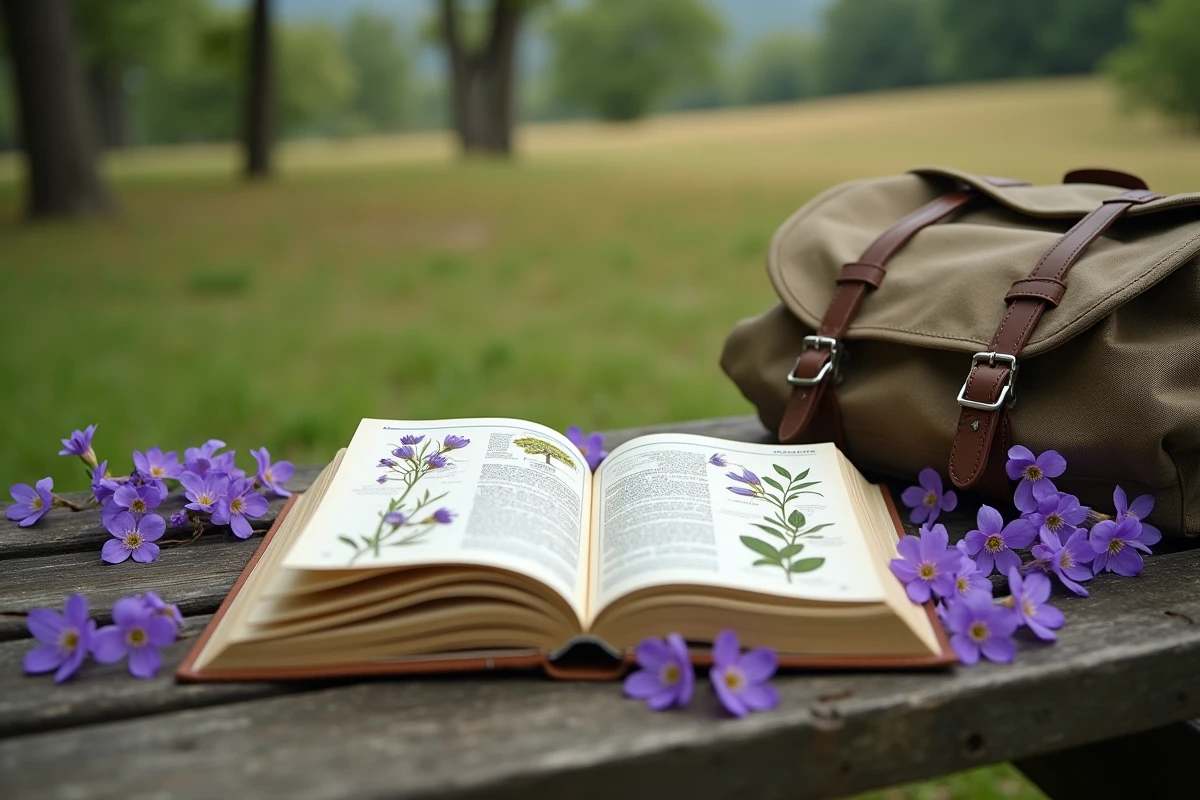 Guide botanique ouvert avec violettes sur une table en bois