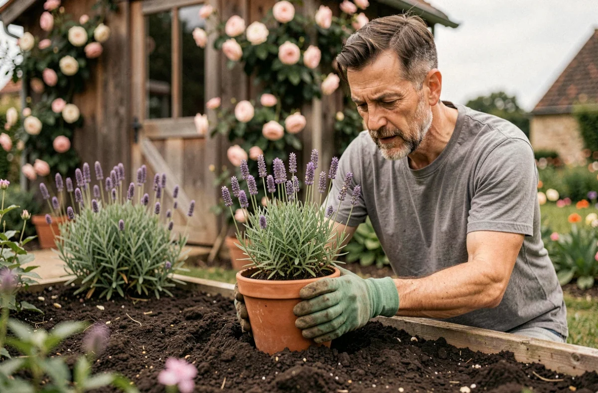 Helfried, jardinier, plantant de la lavande dans un jardin de style cottage dans le Pas-de-Calais