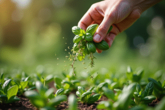 Main saupoudrant herbes aromatiques sur mauvaises herbes