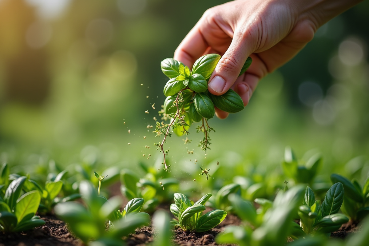 Main saupoudrant herbes aromatiques sur mauvaises herbes