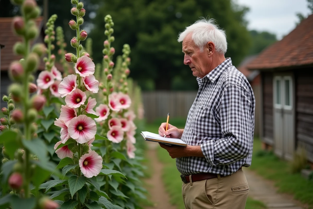 Homme âgé observe des fleurs de hollyhock dans un jardin