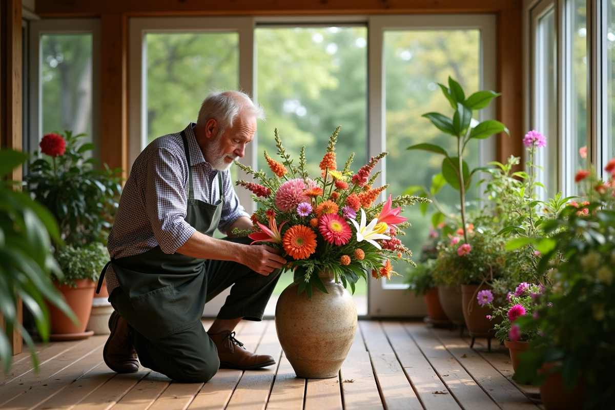 Homme âgé arrangeant des fleurs dans un salon lumineux