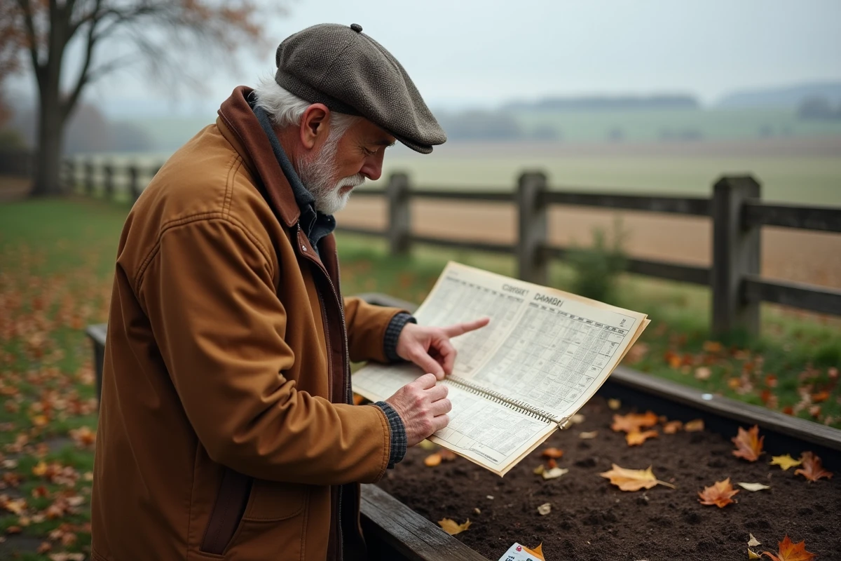 Homme âgé consultat un calendrier lunaire pour la plantation en automne