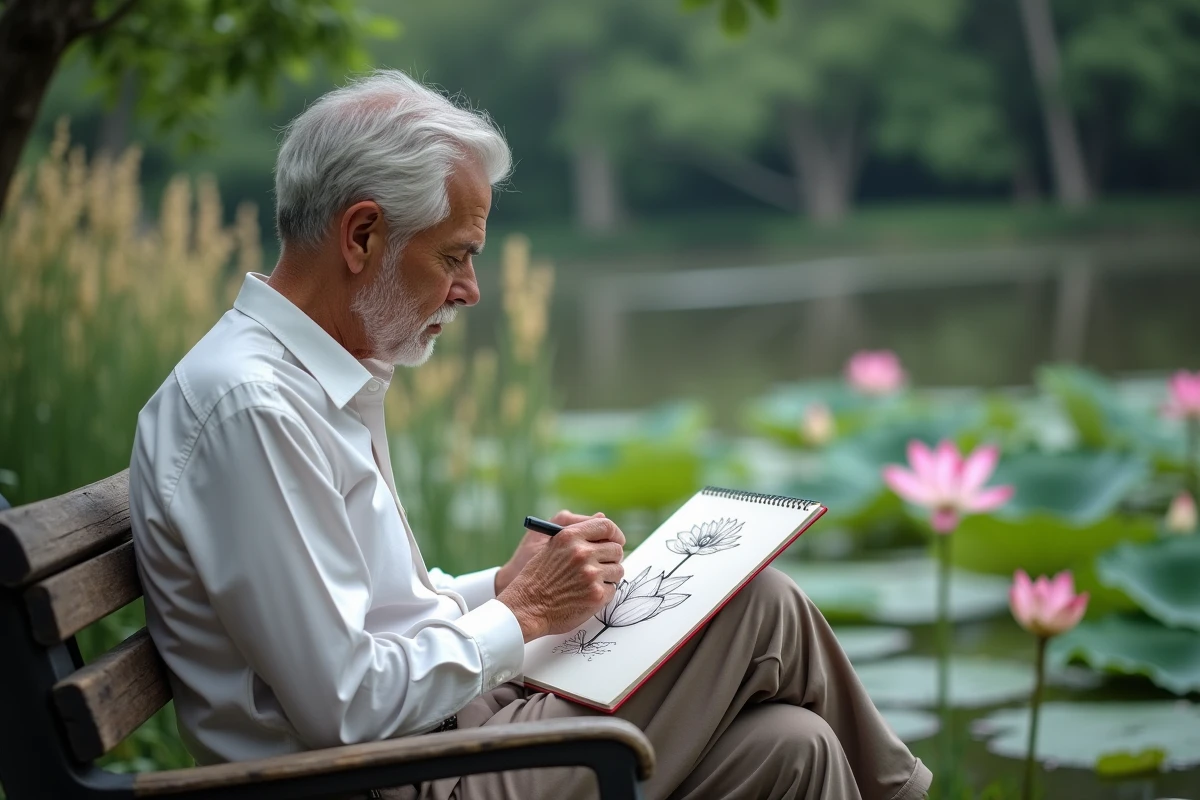 Homme âgé esquissant un lotus au bord de l’eau