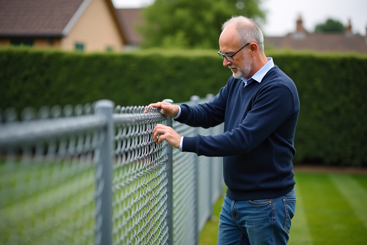 Homme d'âge moyen inspectant une clôture en chaîne dans un jardin