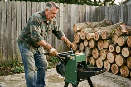 Homme d'âge mûr utilisant une fendeuse de bois électrique compacte dans un jardin rural avec des bûches de chêne empilées