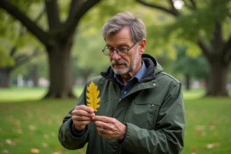 Homme d'âge moyen examinant une feuille de chêne dans un parc