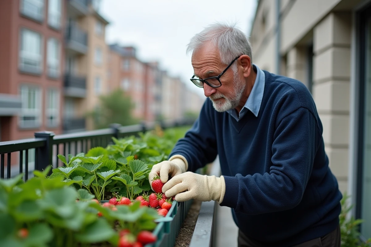 Homme âgé inspectant des fraises sur un balcon en ville