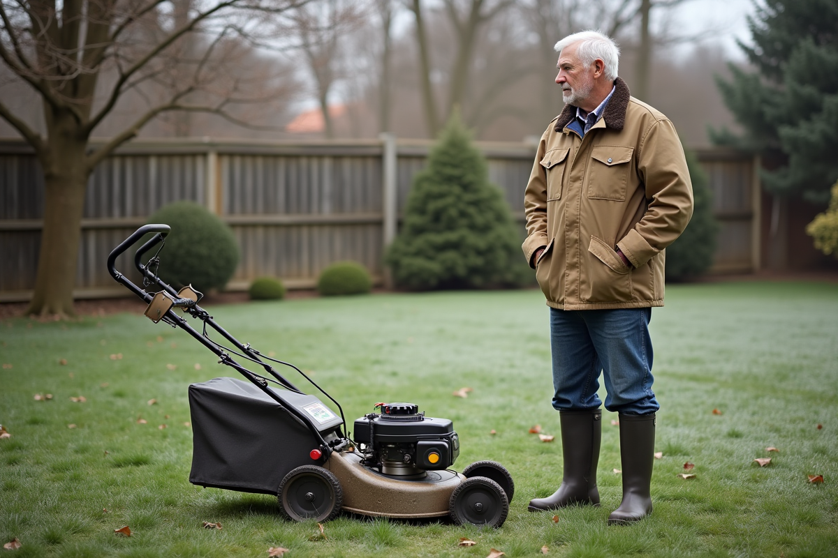 Homme âgé près de la tondeuse dans le jardin d