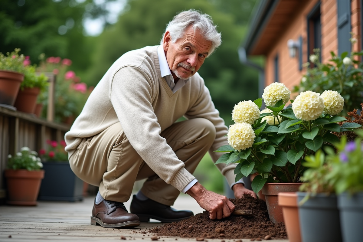 Homme retraité ajoute du paillis à une hydrangea en pot