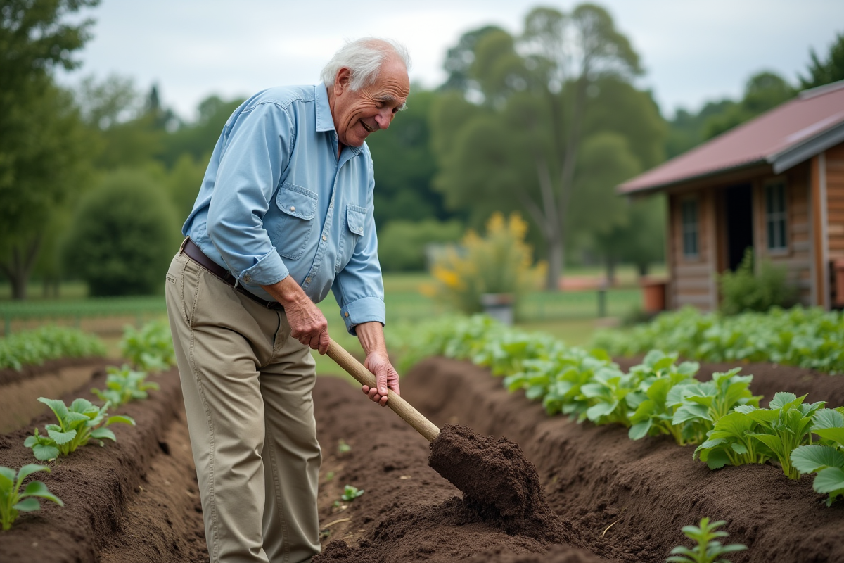Homme âgé avec pelle dans un jardin potager