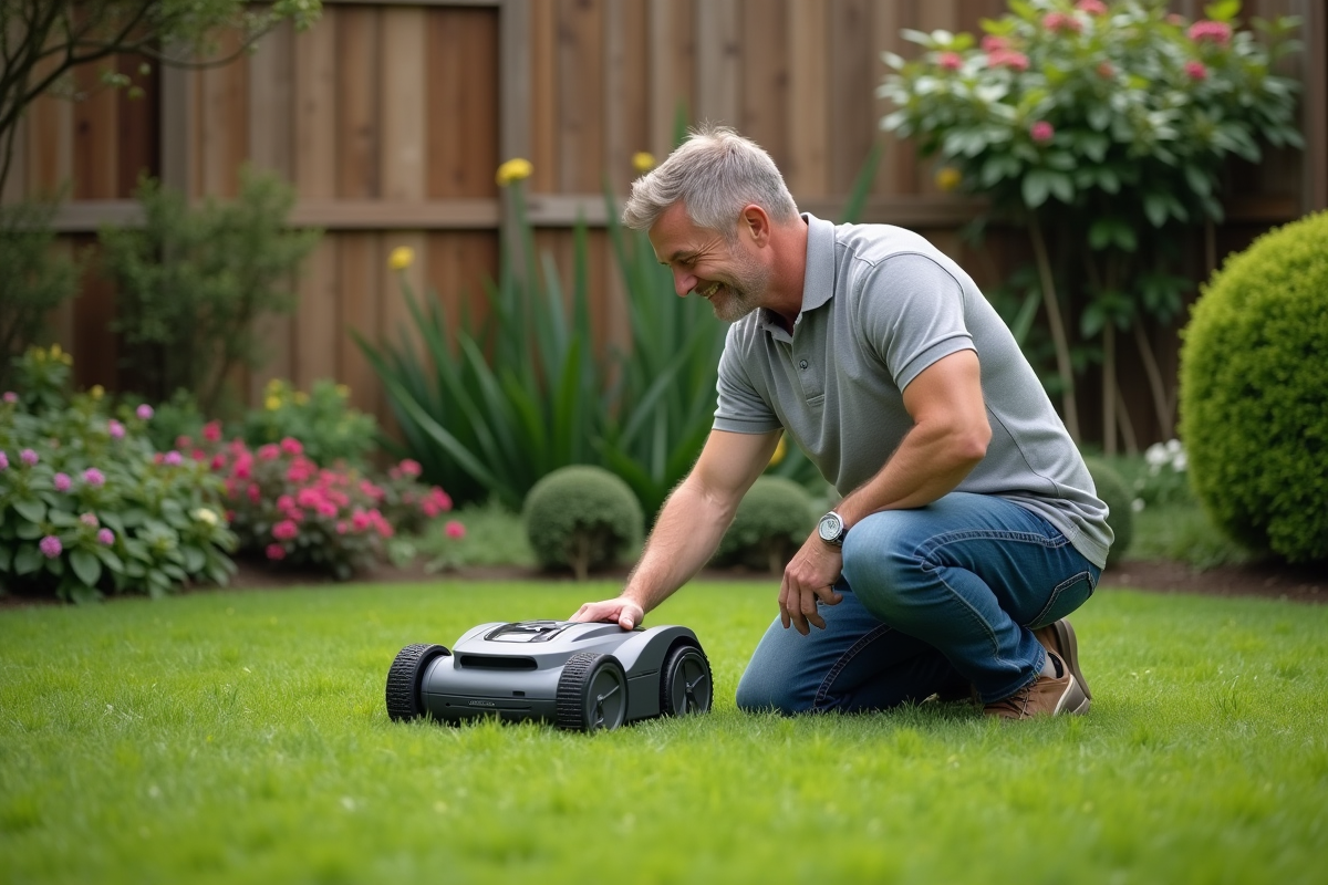 Homme d'âge moyen examinant une tondeuse robot dans le jardin