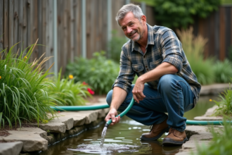 Homme d'âge moyen en vêtements décontractés syphonant l'eau d'un bassin de jardin