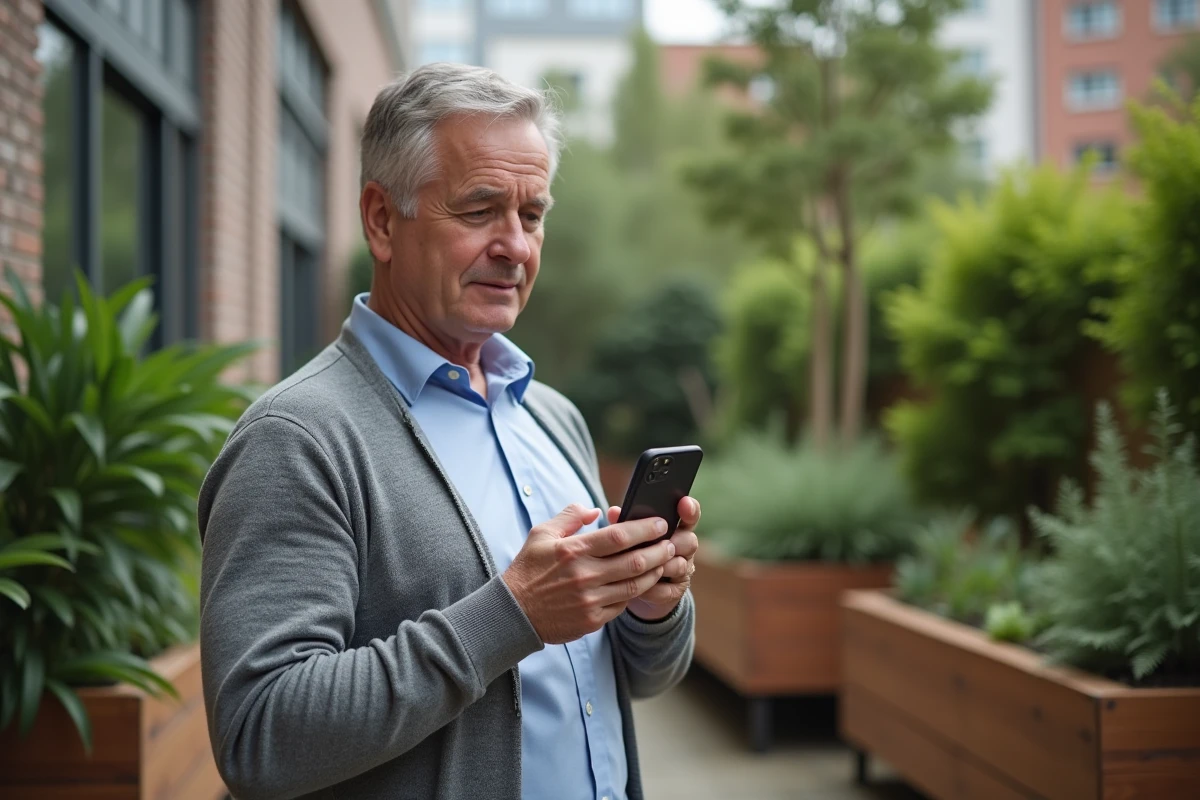 Homme dans un jardin urbain regardant son smartphone avec ShockGarden