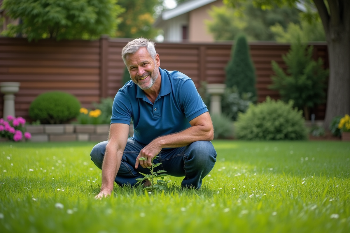 Homme d'âge moyen dans un jardin vert examine la pelouse