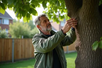 Homme en vêtements de jardinage examine un arbre mulberry