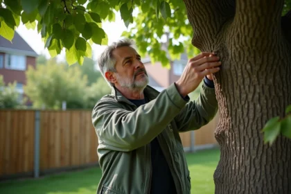 Homme en vêtements de jardinage examine un arbre mulberry