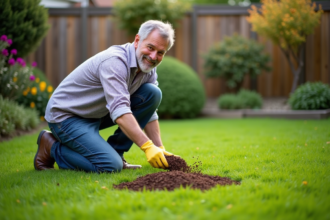 Homme d'âge moyen en vêtements décontractés saupoudrant du marc de café sur la pelouse