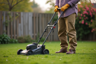 Homme inspectant une pelouse en jardin en automne