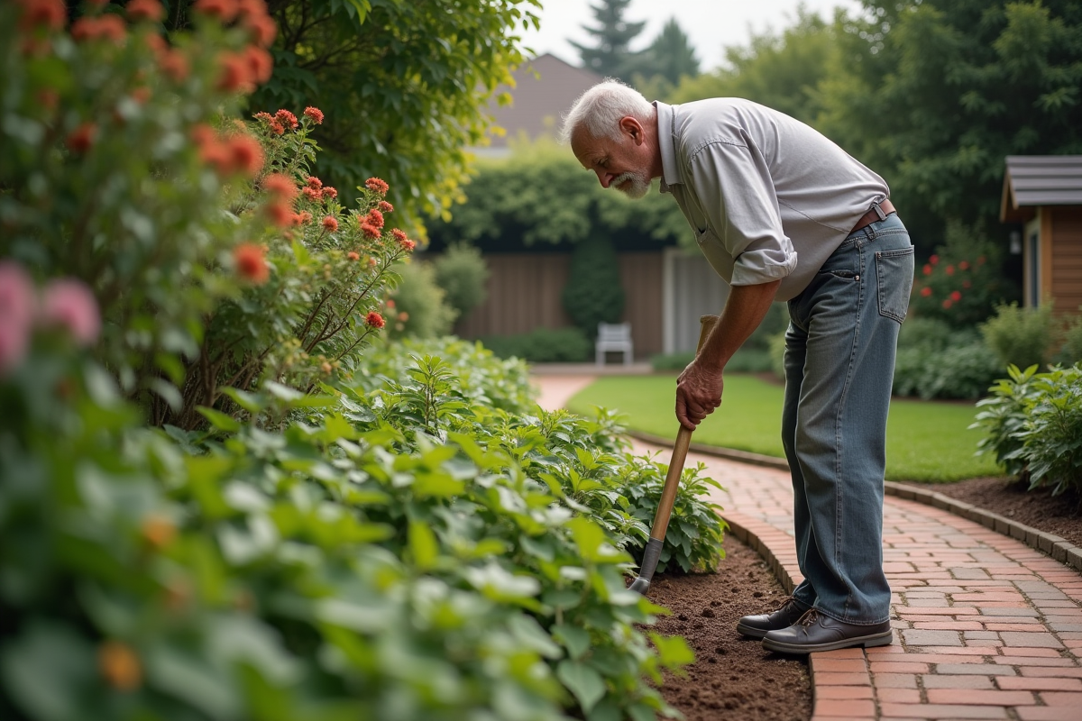 Homme âgé utilisant un râteau pour désherber dans un jardin de quartier
