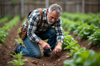 Homme en jeans de travail dans un jardin potager
