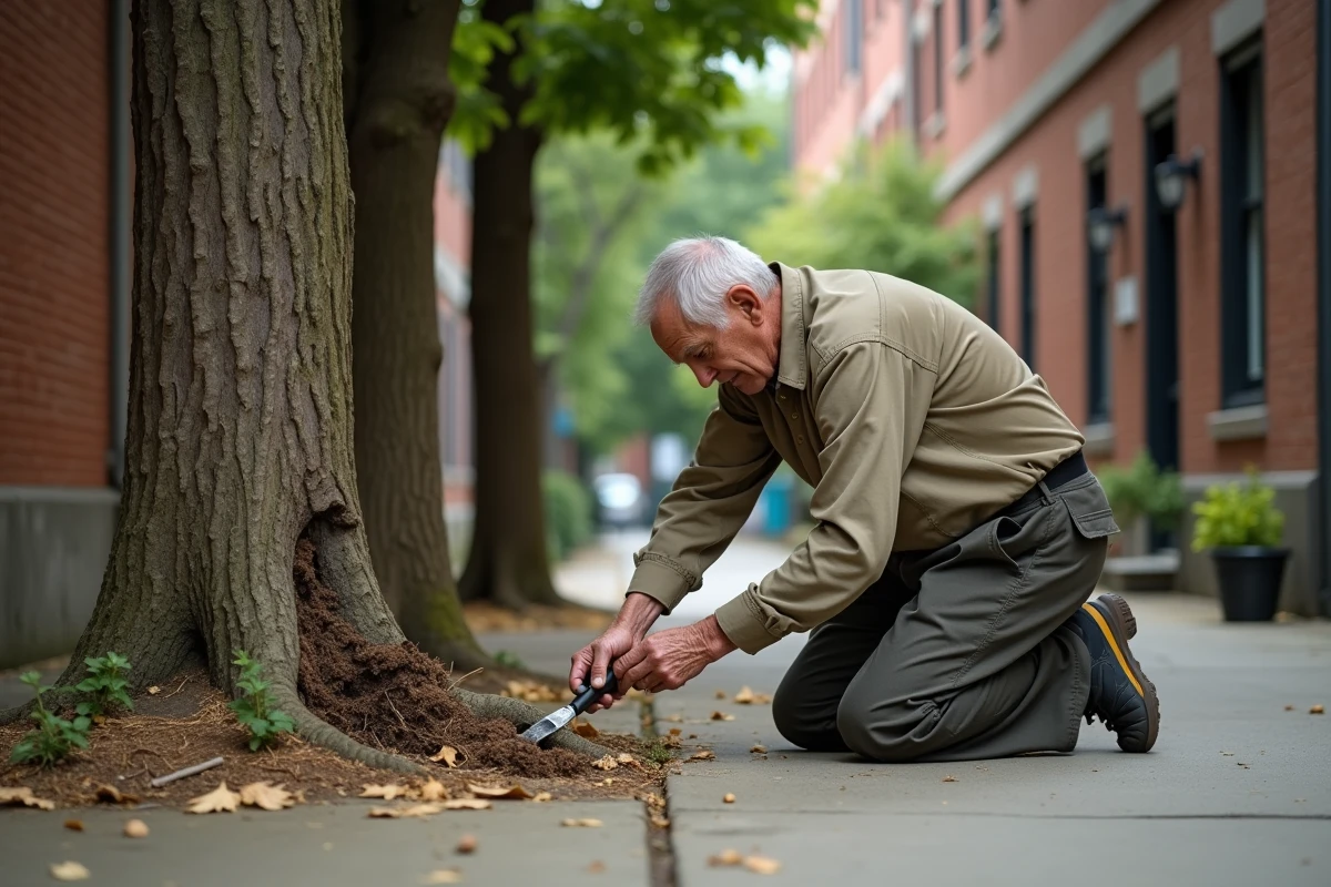 Homme ramassant des figues tombées sous un figuier en ville