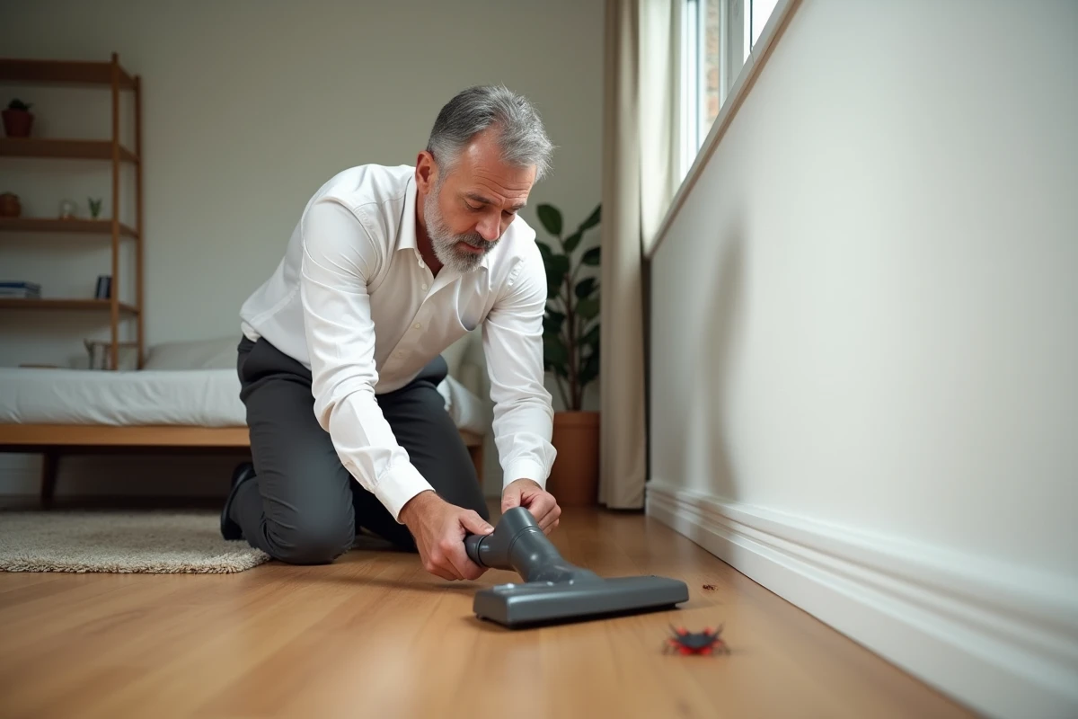 Homme nettoyant près du plinthes avec un insecte rouge