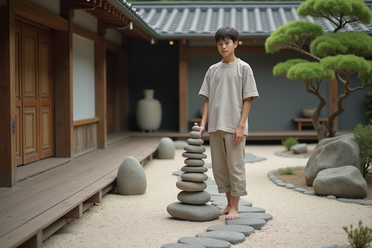Jeune homme posant une pierre dans un jardin zen
