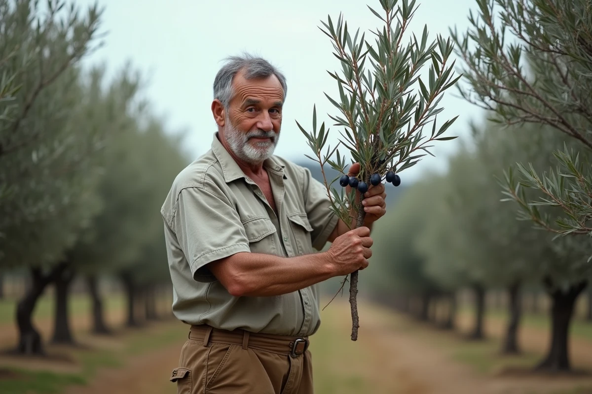 Homme récoltant des branches d'olivier dans un oliveraie traditionnelle, geste ancestral chargé de symbolisme spirituel et religieux