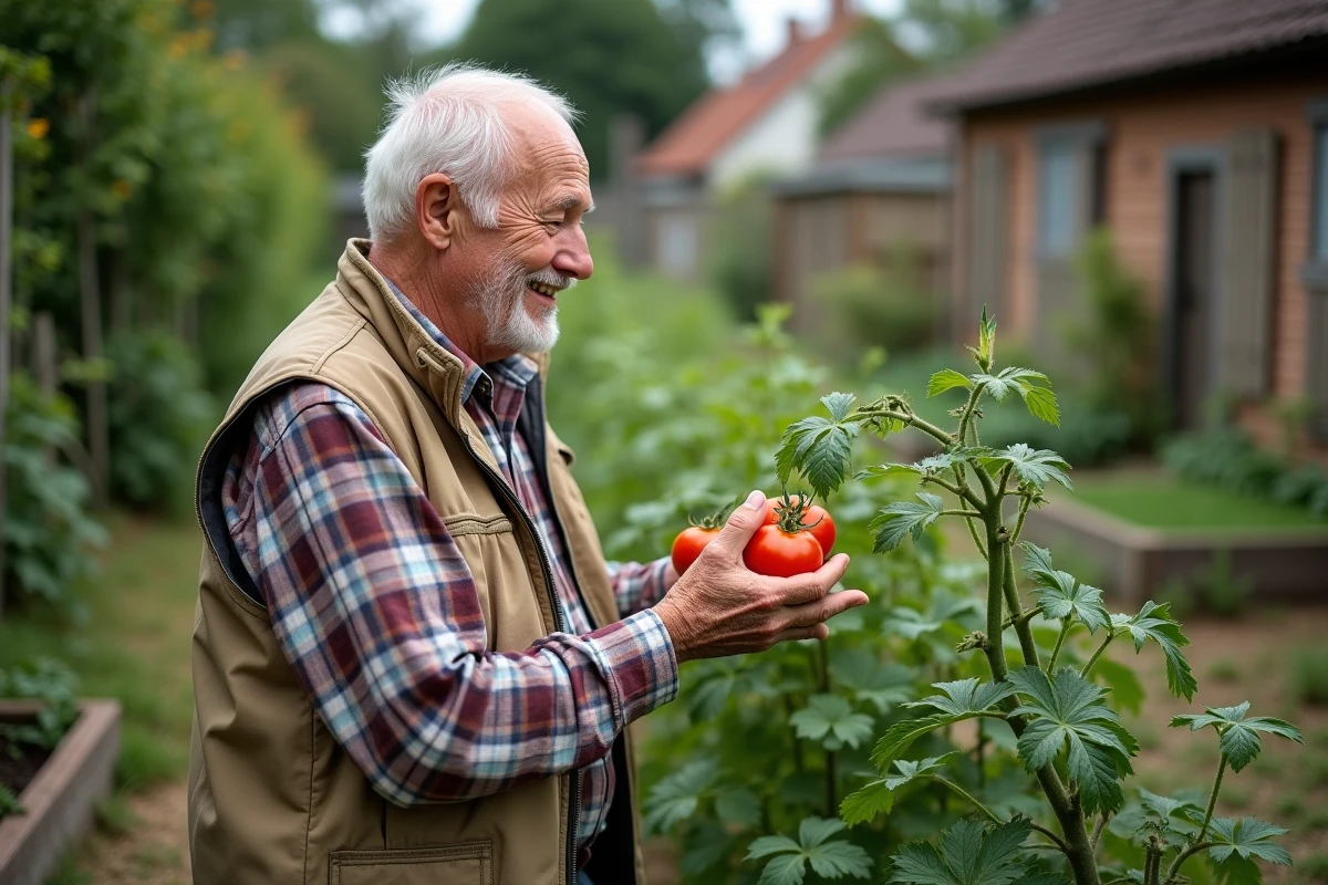 Homme âgé examine des tomates mûres dans un jardin communautaire