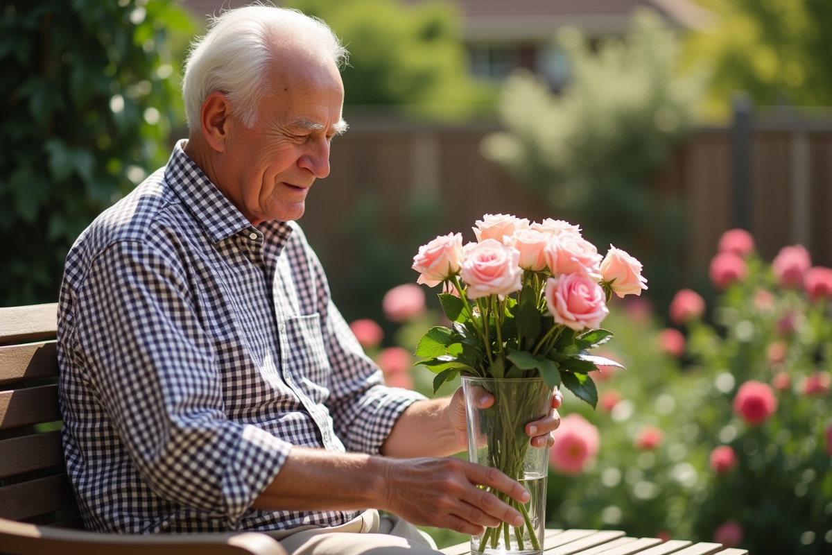 Homme âgé plaçant des roses fanées dans un vase dans le jardin