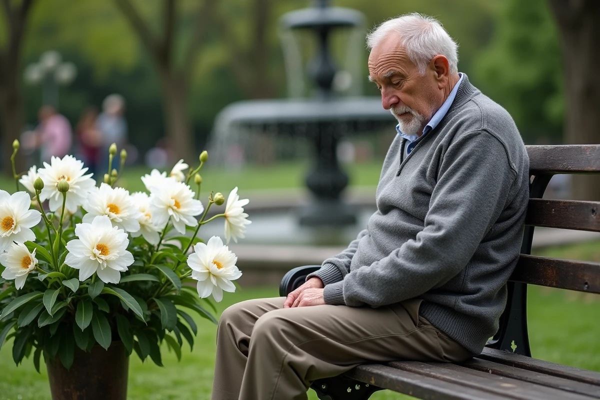 Homme âgé contemplant un bouquet de fleurs dans un parc tranquille
