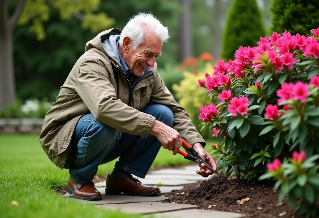 Homme âgé taillant une azalee dans son jardin