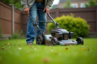 Homme d'âge moyen tondant une pelouse humide dans un jardin résidentiel